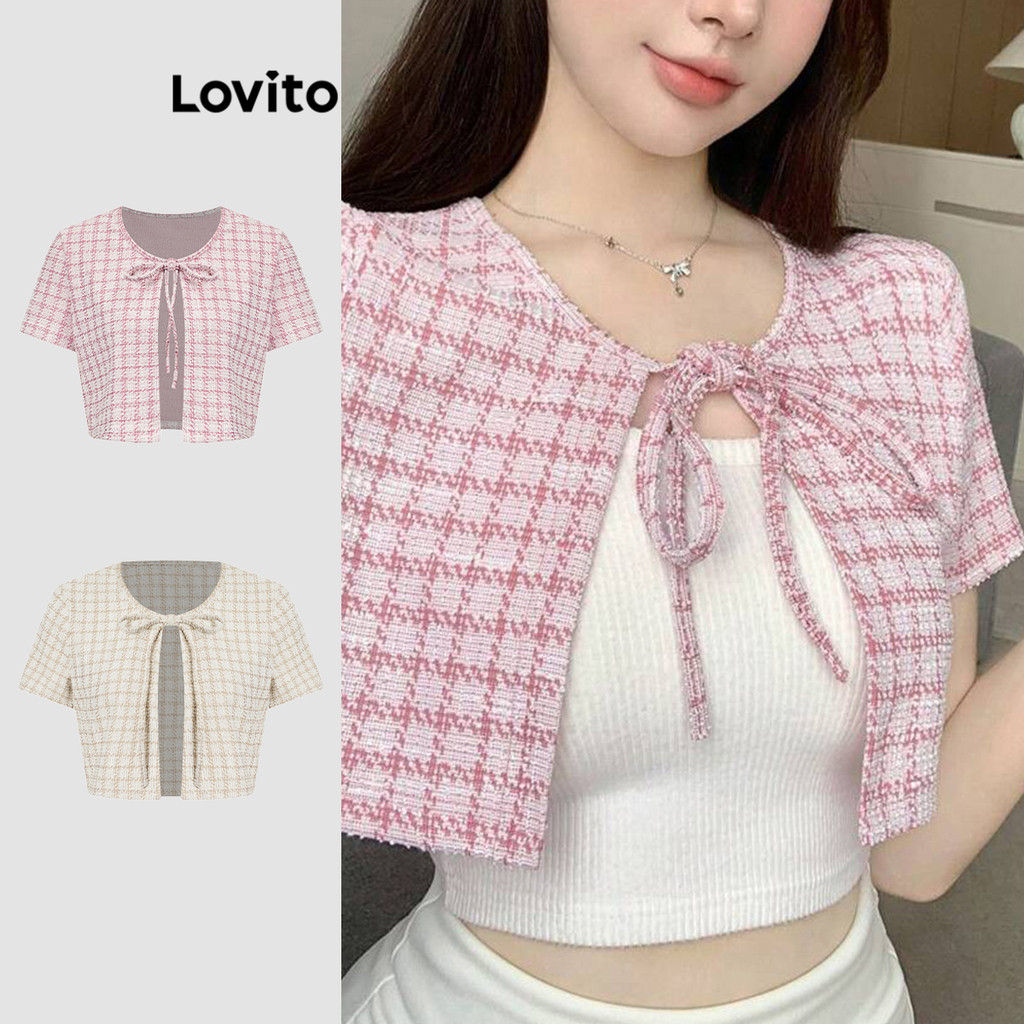 Lovito Blusa De Primavera E Verão Casual Gravata Frontal Xadrez Blusa De Renda Para Mulheres L90AD001 (Multicolorido) em Oferta na Shopee