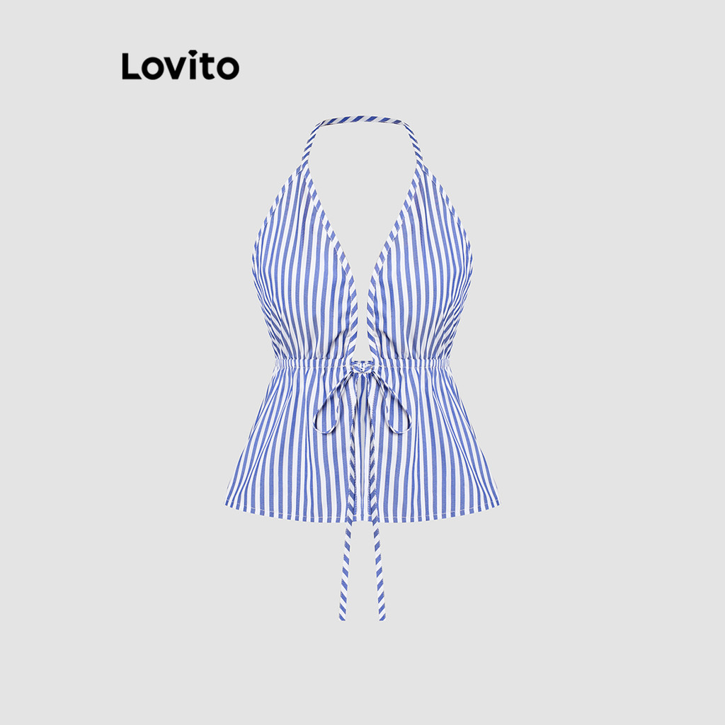 Lovito Top Vintage Listrado Franzido Verão/primavera Boho Férias Regata Para Mulheres L114AD122 em Oferta na Shopee