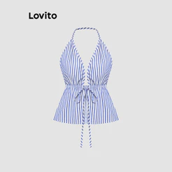 Lovito Férias Top Vintage Listrado Franzido Verão/primavera Regata Para Mulheres L114AD122
