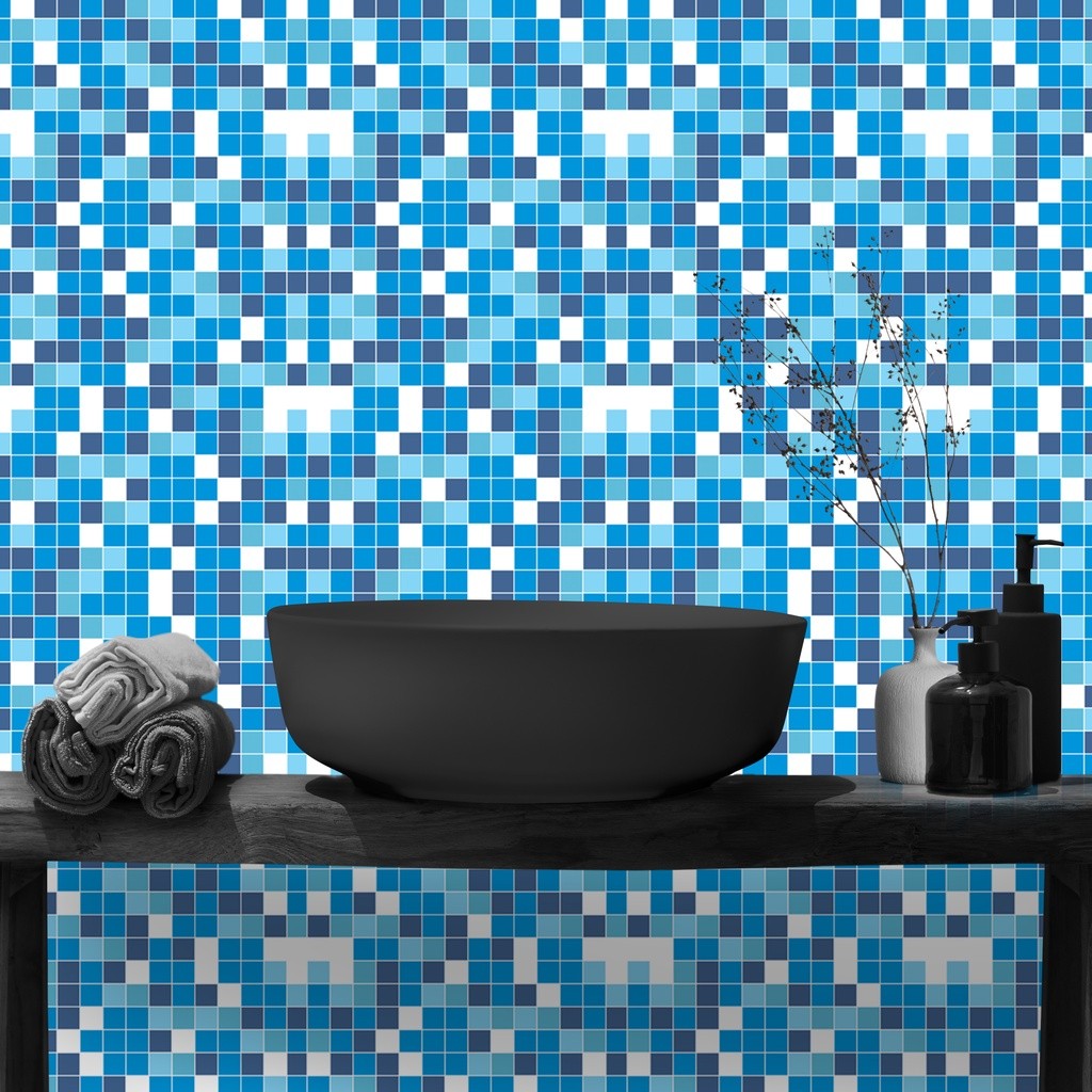 Papel de Parede Adesivo Lavável Pastilhas Azulejo Para Cozinha e Banheiro Em Tons Azul Piscina