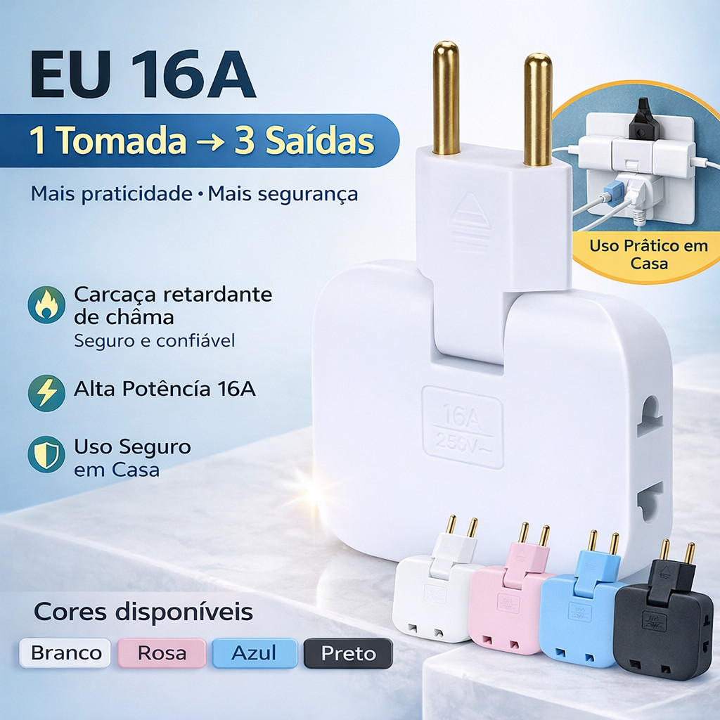 Imagem Pino Adaptador de Tomada 3 Saídas 16A Bivolt Articulado Flexível Dobrável Extensor Universal
