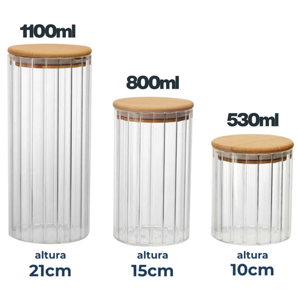 Kit 3 Potes De Vidro Canelado Hermético Mantimentos Com Tampa Bambu 1100ml 800ml e 530ML — imagem 2 de 2
