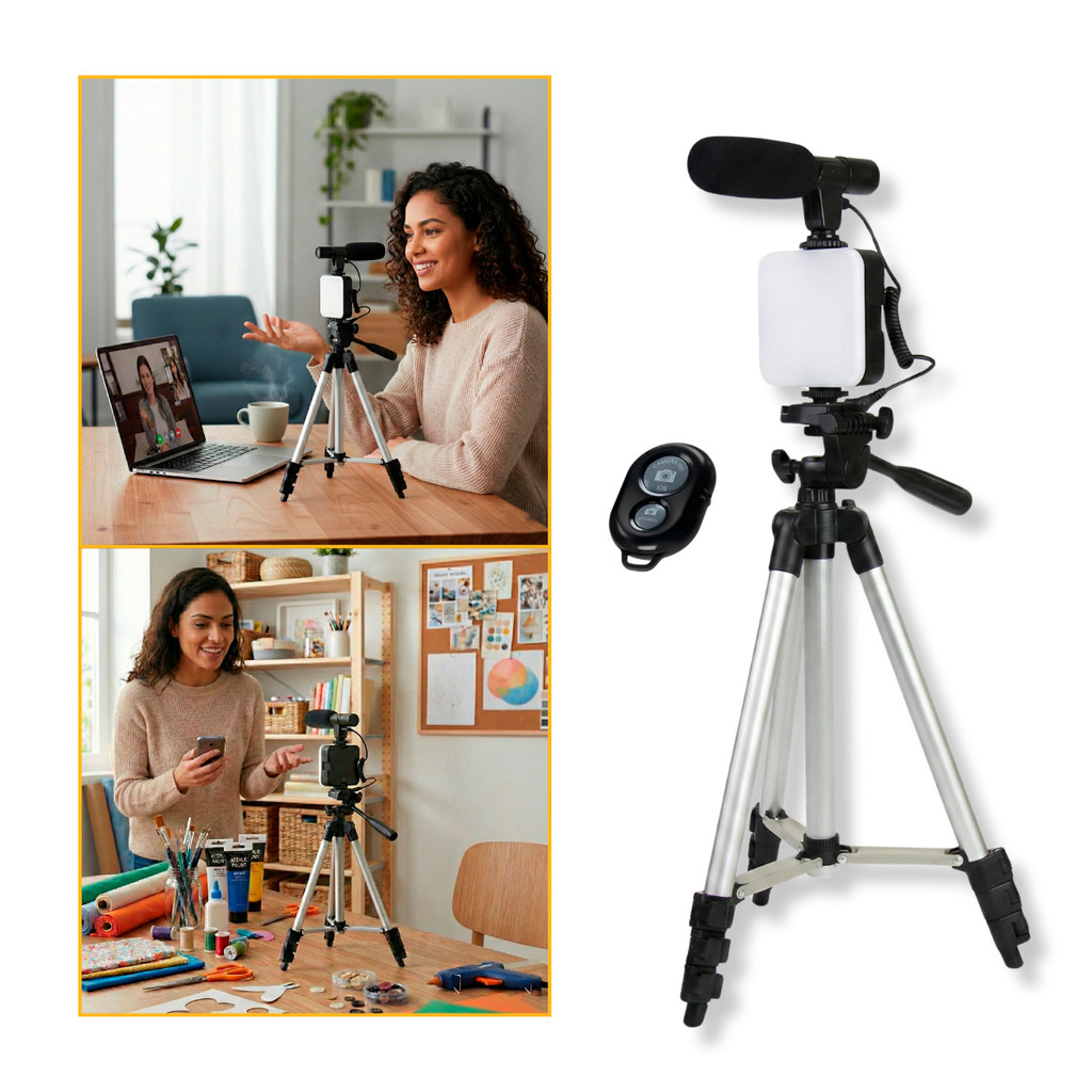 Kit Gravação Vlog com Iluminador LED, Microfone Direcional, Tripé 1m e Controle Obturador Bluetooth
