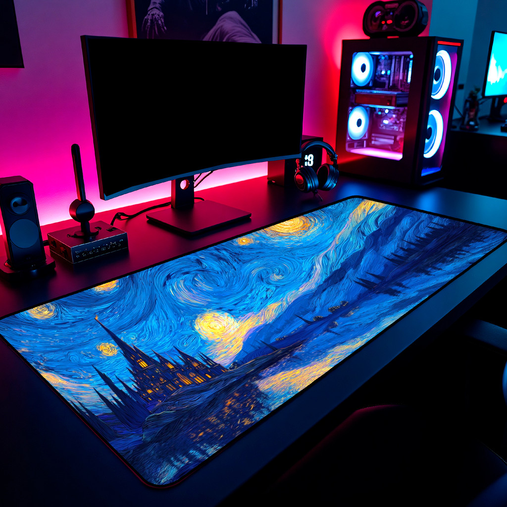 Mouse Pad Hogwarts Noite Estrelada Gamer 65x30cm / 80x40cm / 90x50cm / 120x60cm Borda Costurada