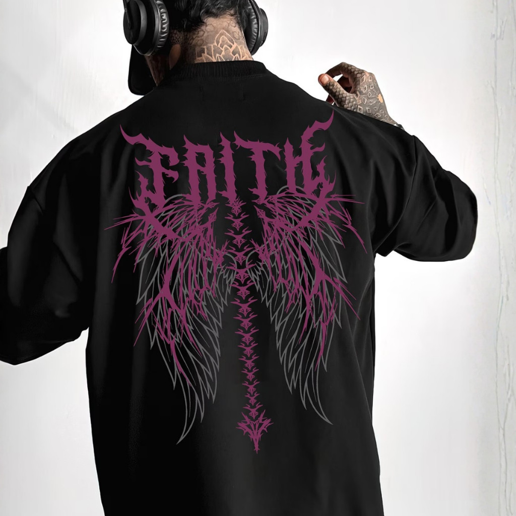 Camiseta Oversized Masculina Streetwear Faith Asas Gothic Y2K Camisa Gótica Dark Aesthetic Algodão Premium