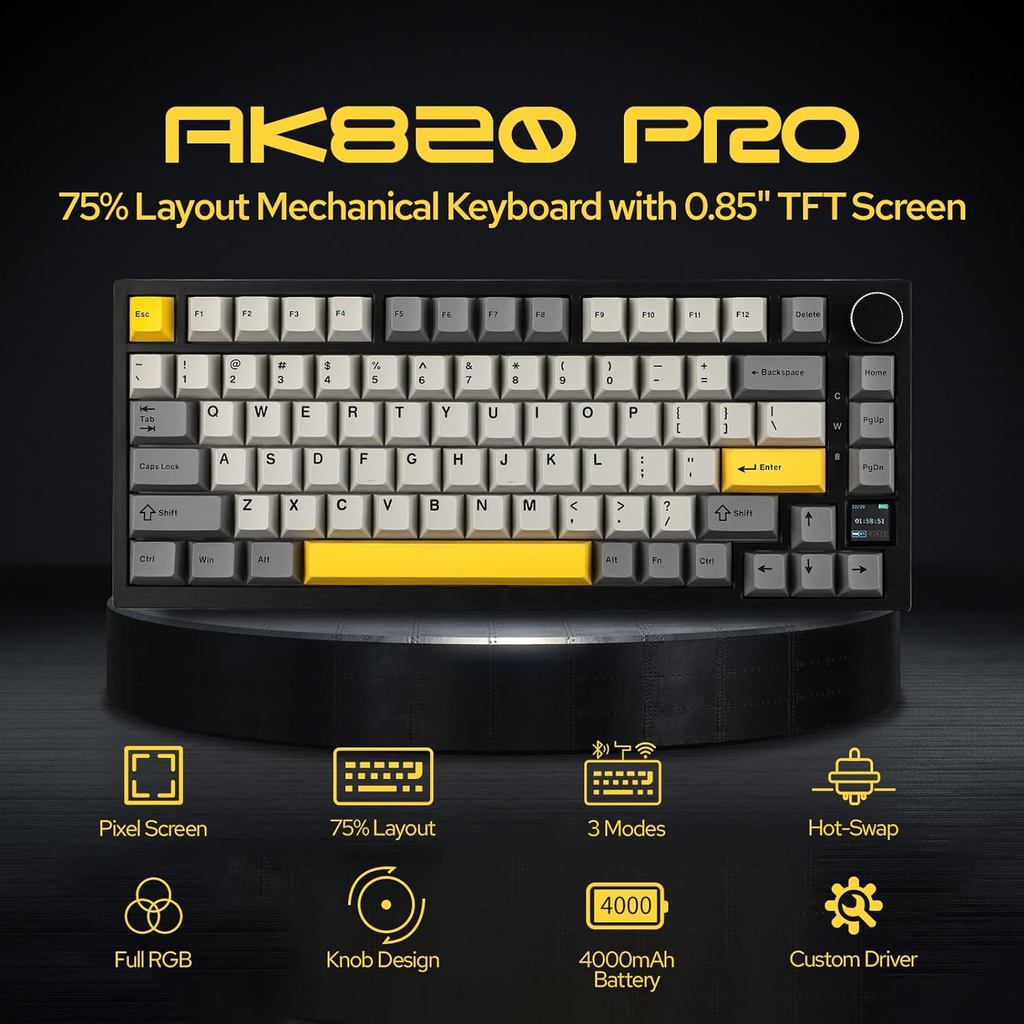 AJAZZ AK820PRO Teclado Mecânico De Montagem Em Junta Hot Swap 75 % Com Tela TFT , 4000mAh BT/2.4G/LED Voltado Para O Sul