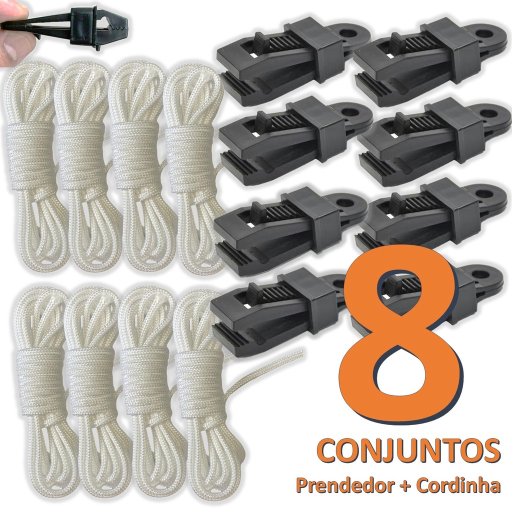 Kit 8 Clipes Prendedor de Lona Toldo Barraca p/ Fixação Rápida Tipo Garra Jacaré + 8 Cordinhas
