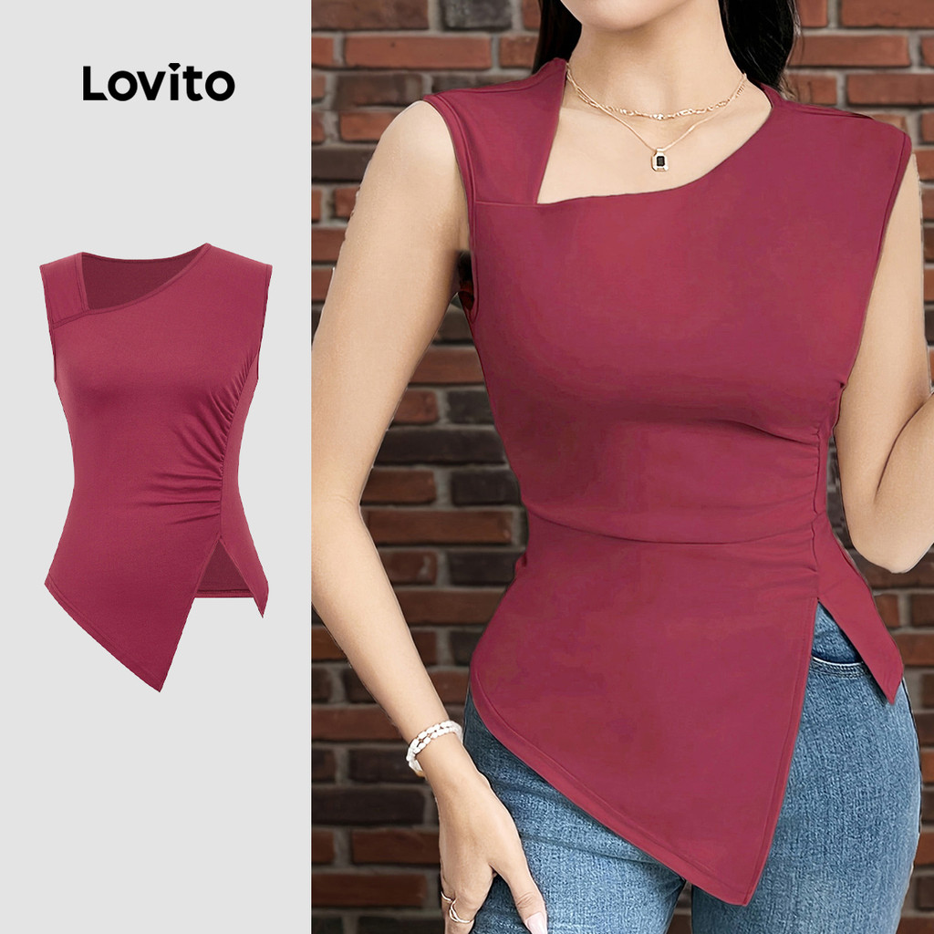 Lovito Blusa Casual Assimétrica com Franzido Primavera/verão em Garça para Mulheres L155ED821 em Oferta na Shopee