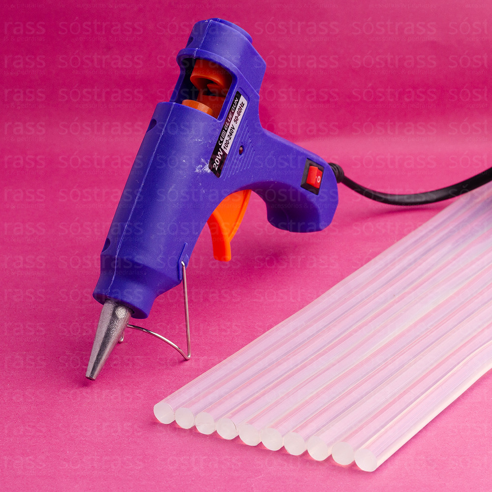 Kit Aplicador de Cola Quente 7mm - 20W Bivolt Botão Liga e Desliga + 10 Bastões Finos