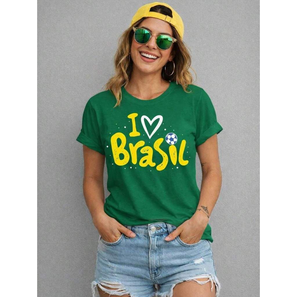 Camiseta Blusa Copa do Mundo Feminina Brasil I LOVE BRASIL Seleção Brasileira 100% algodão Unissex Futebol Estampada
