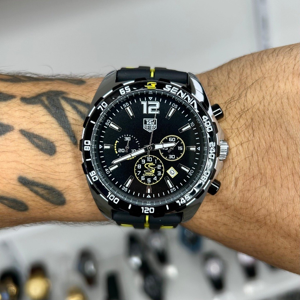 RELOGIO MASCULINO TAG HAUER AYRTON SENNA PULSEIRA DE BORRACHA + CAIXA