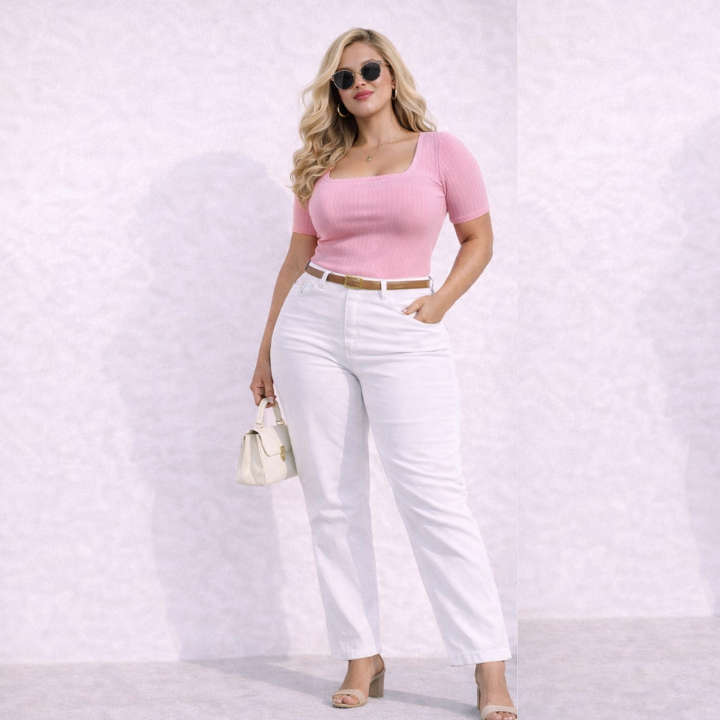 Blusa Feminina Plus Size Canelada Manga Curta Gola Quadrada Moda Tendência