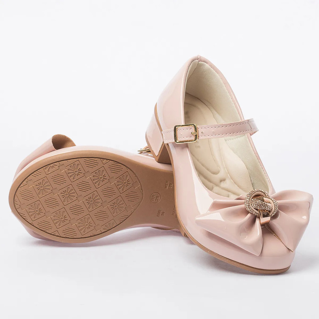 Sapatilha Salto Infantil Menina Laço Strass Verniz Princesa Festa, Daminha, Luxo, Confortável e Elegante, social