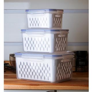 Kit 3 Potes Herméticos com Cesto Escorredor Branco Plástico Organizador Geladeira Frutas Verduras Legumes Salada Freezer