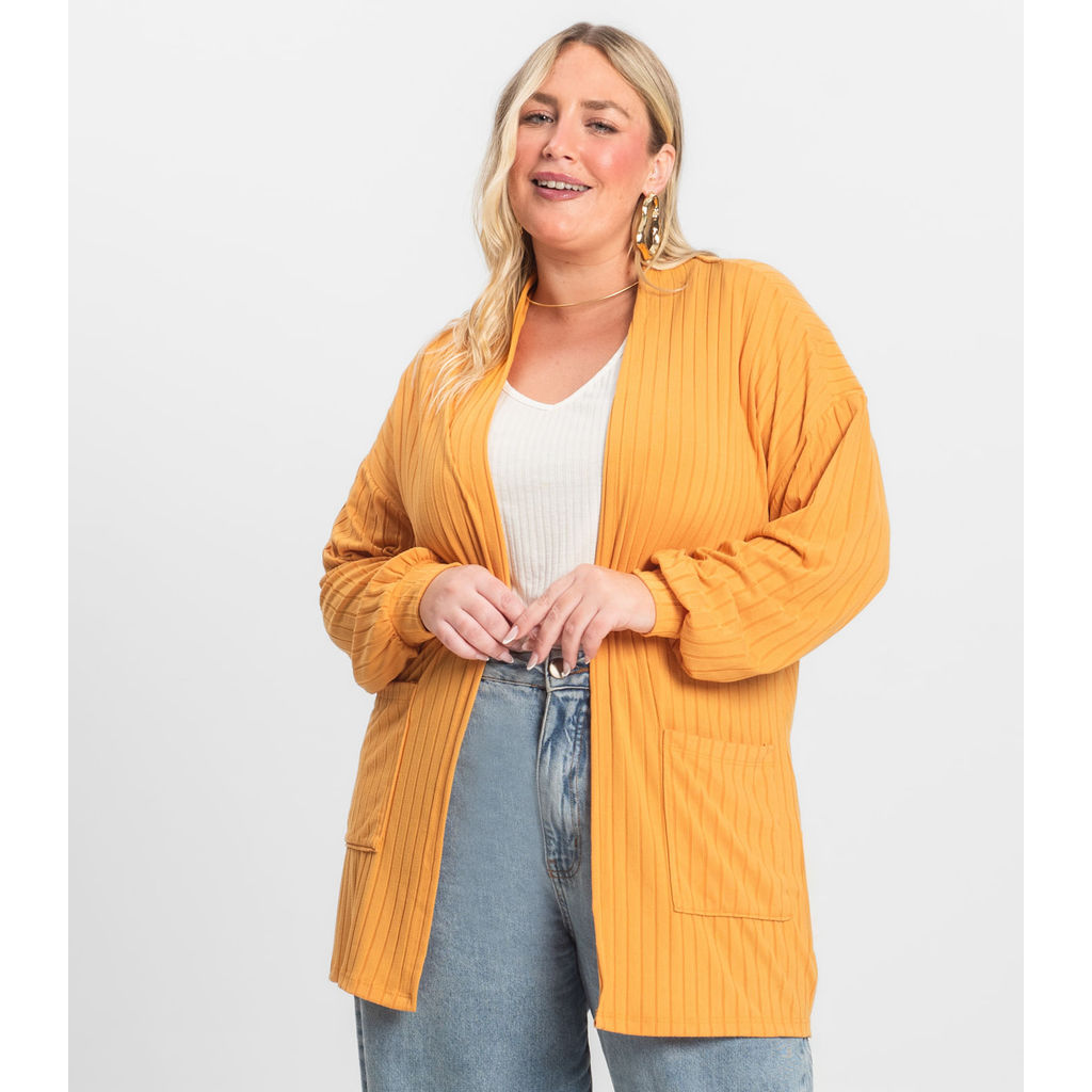 Cardigan Feminino Pluz Size Infinita Cor Amarelo em Oferta na Shopee