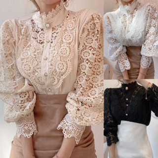 Blusa Feminina Estilosa Camisa BotãO Oco Out de Stand Branca Com Collar Blusas Renda De Algodão em Oferta na Shopee