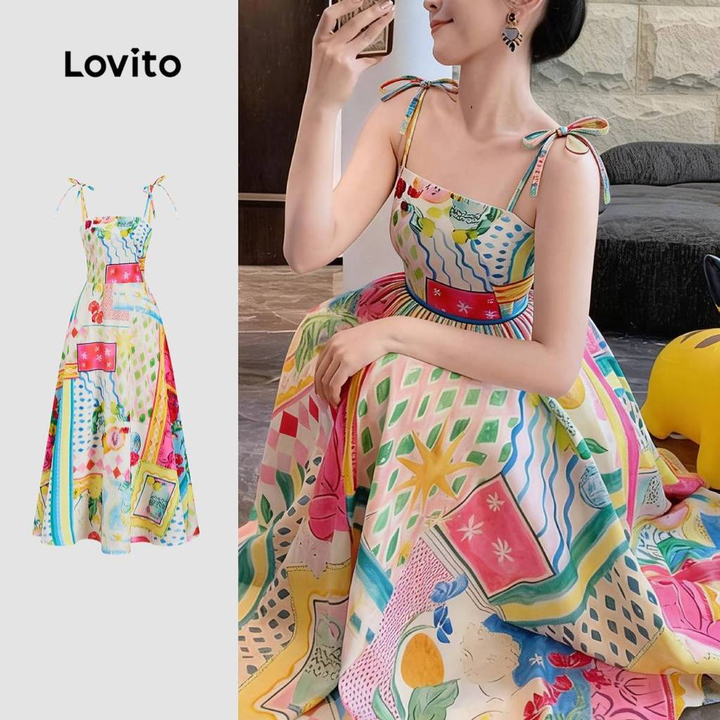 Lovito Boho Padrão de Vestido Frente com Laço Vestido Primavera/verão para Mulheres L171ED467