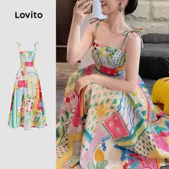 Lovito Férias Padrão de Vestido Frente com Laço Vestido Primavera/verão para Mulheres L171ED467