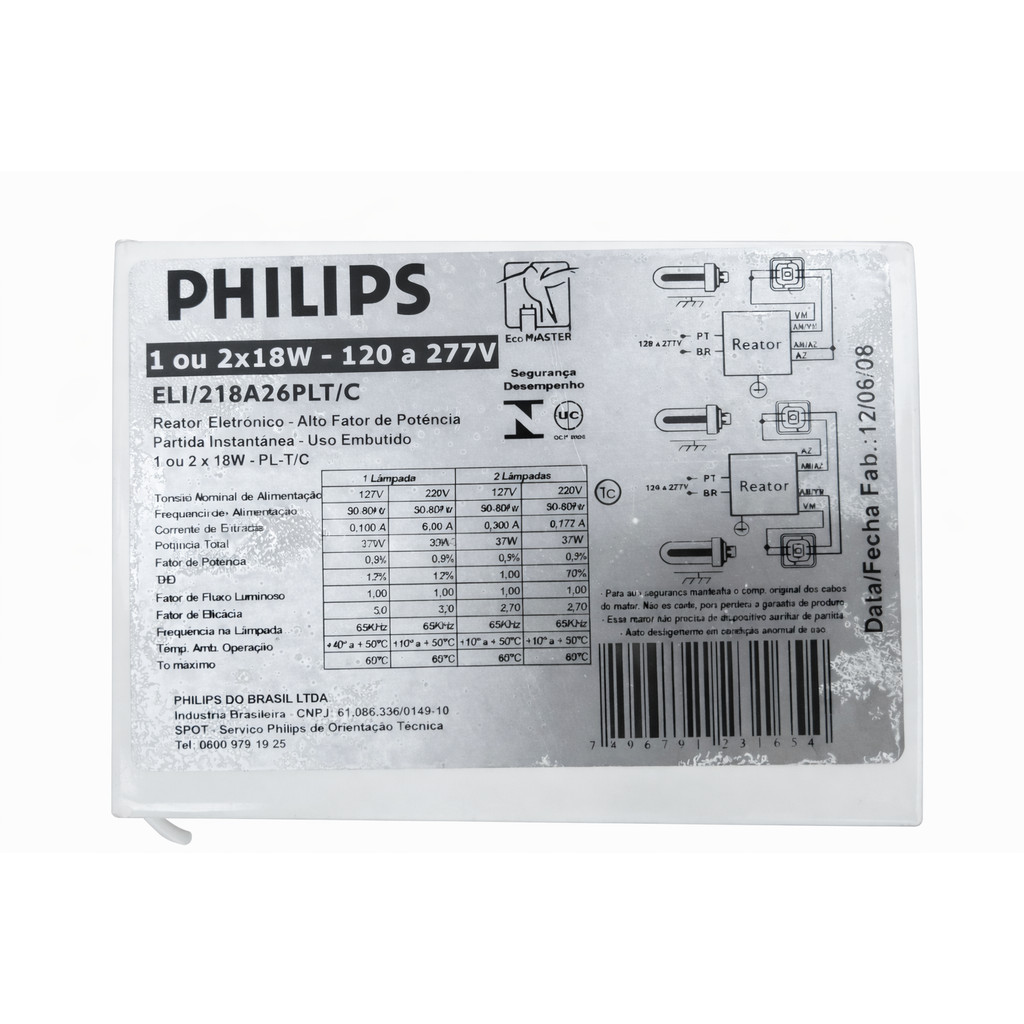 REATOR ELETRÔNICO PHILIPS ELI/218A26 PL-T/C - ORIGINAL ALTA PERFORMANCE PARA ILUMINAÇÃO PROFISSIONAL