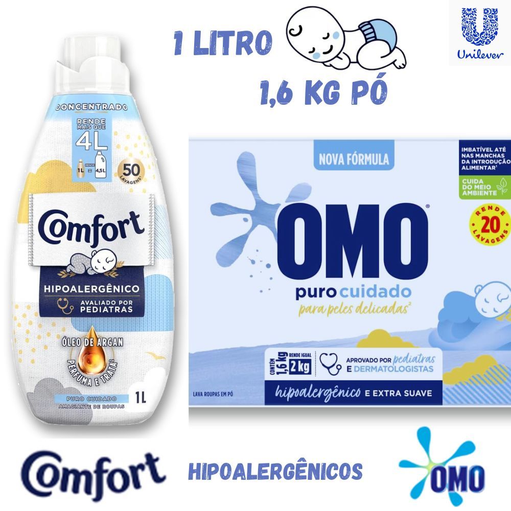 Kit 1 Lava Roupas Pó Omo 1,6kg e 1 Amaciante Comfort Puro Cuidado Roupas Finas de Bebês 1 Litro em Oferta na Shopee