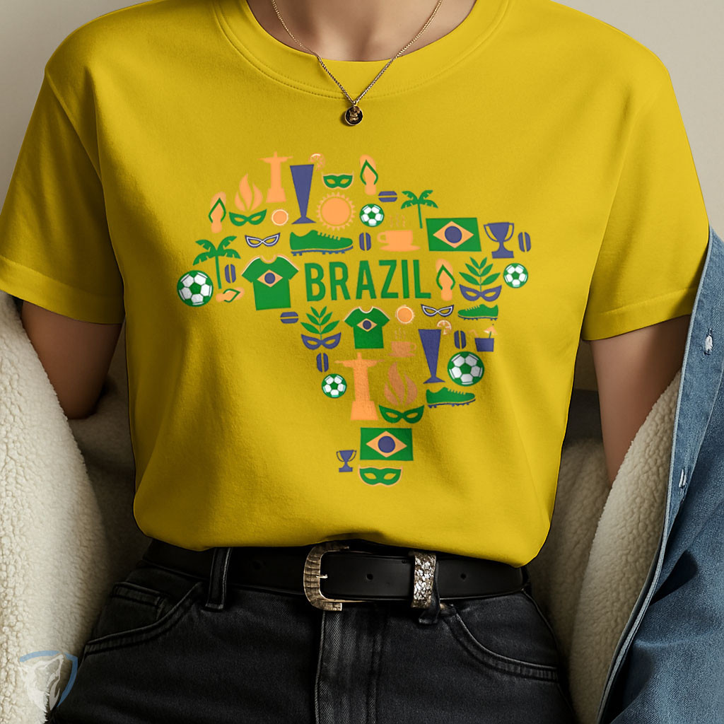 T-Shirt Casual Estampada Mapa Brasil | Ícones do Futebol Paixão Brasileira, Carnaval e Bandeira Nacional Brasilcore