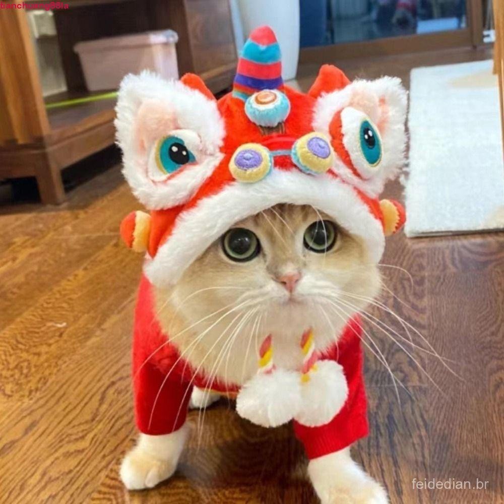 TIANCHUANG Gato Dança Leão Chapéus , Estilo Chinês Quente Bonito Pelúcia Pet Bonés , Confortável Ano Novo Headwear