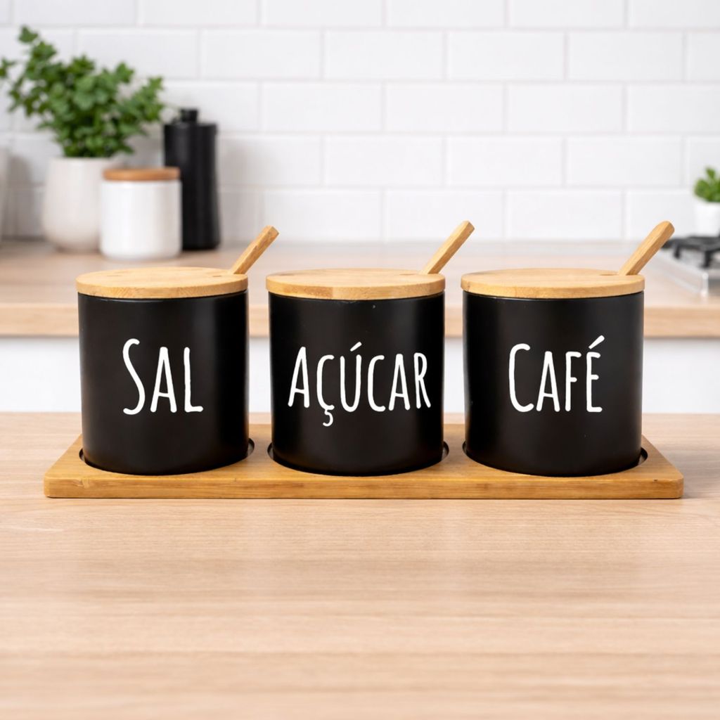 Kit 3 Potes de Cerâmica com Tampa e Colher de Bambu + Bandeja de Bambu Porta Temperos Açúcar Café Branco ou Preto