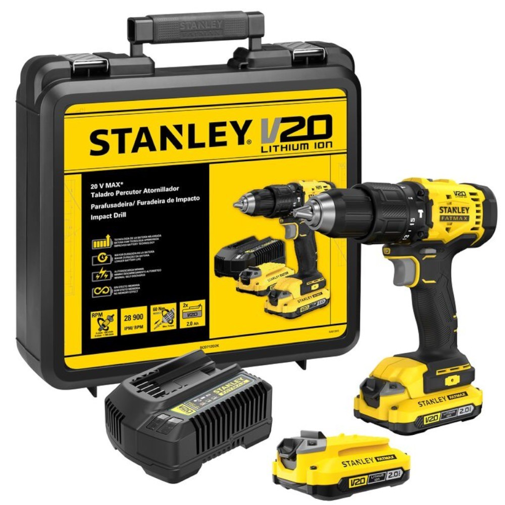 Furadeira Parafusadeira de impacto a bateria 1/2" 20V 2Ah com 2 baterias - SCD712D2K-BR - Stanley em Oferta na Shopee