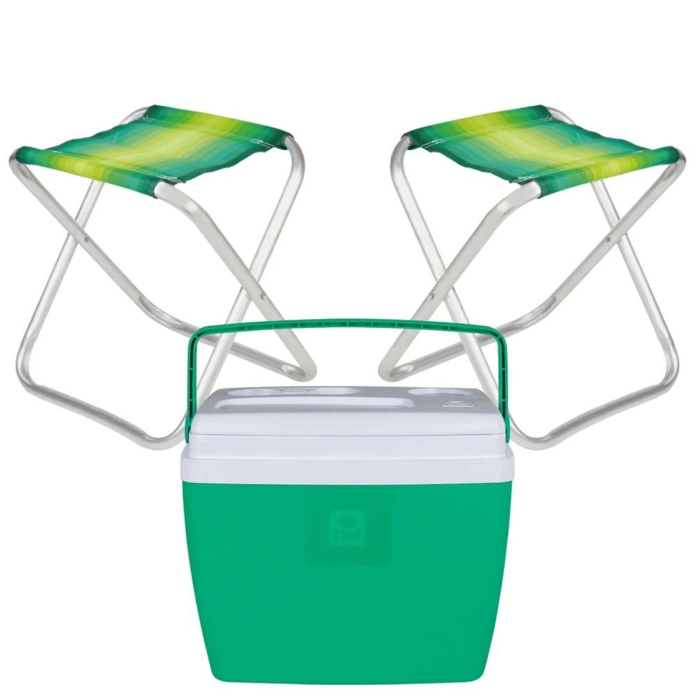 Kit Praia e Camping: Cooler Caixa Térmica 36l + 2 Banquetas Dobráveis Portáteis