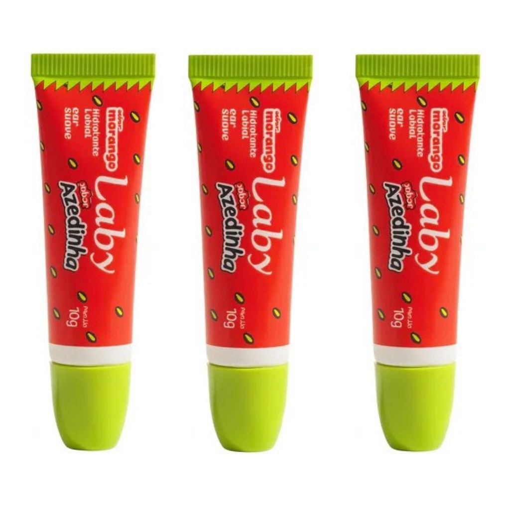Kit 3 Hidratante Labial Efeito Gloss Sabor Morango Laby Azedinha 10g