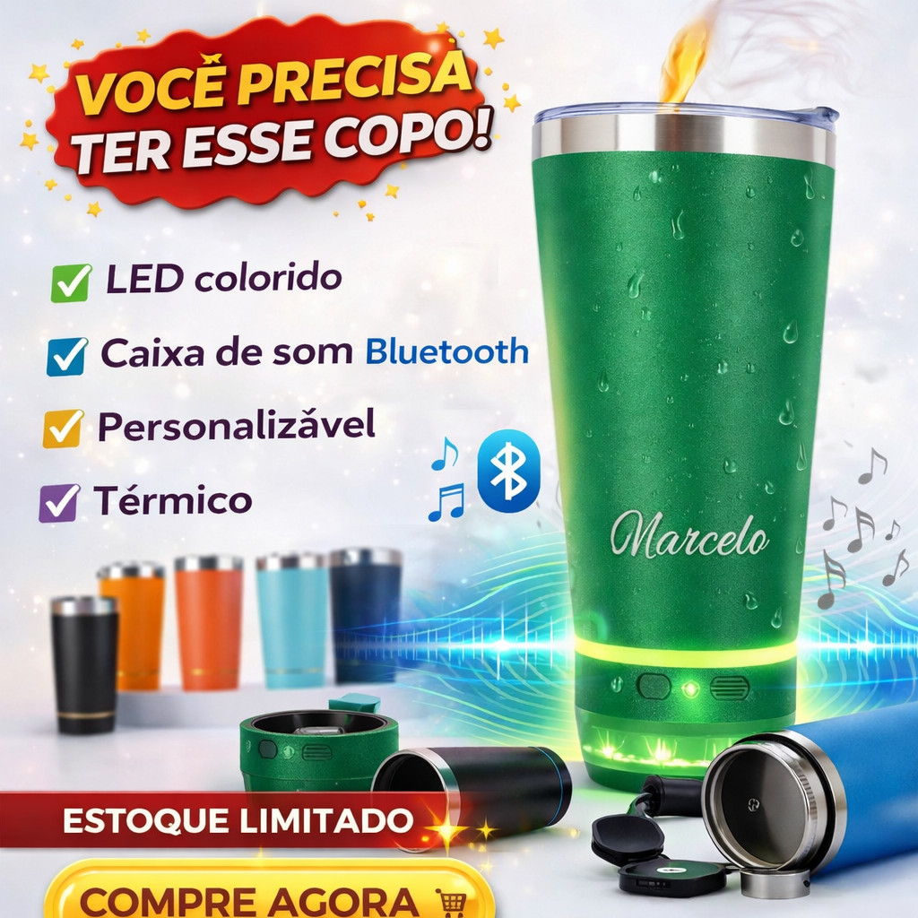 Copo Térmico Com Caixa De Som Personalizado Logo Time Nome Empresa em Oferta na Shopee