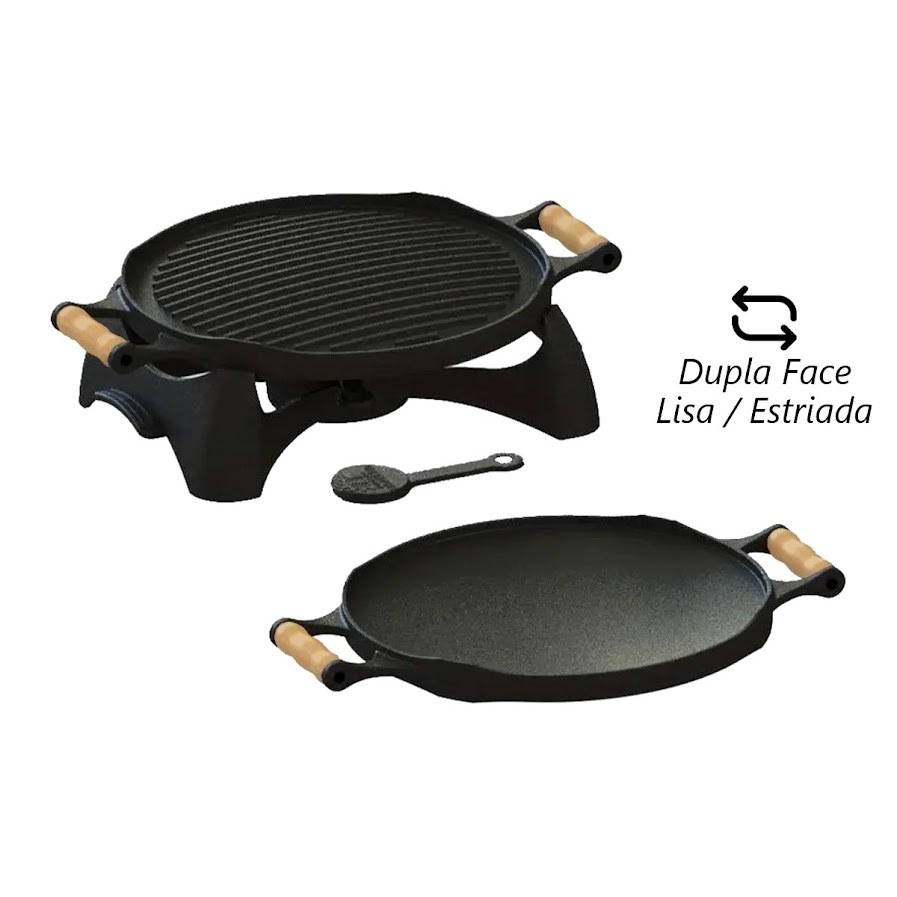 Rechaud Bifeteira Redondo Dupla Face Ferro Fundido 33cm