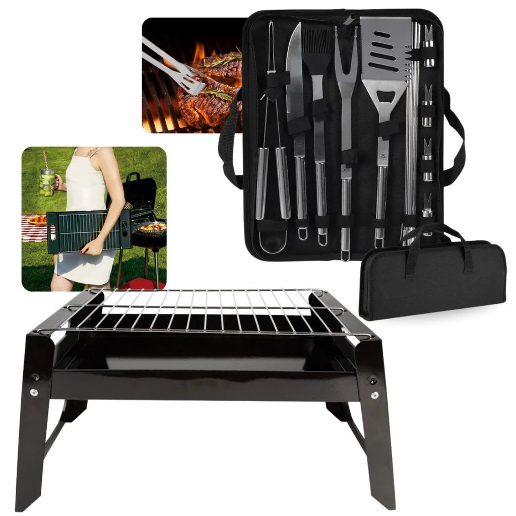 Churrasqueira Portátil To Go Mor + Estojo com 16 Peças em Inox para Churrasco Cozinha