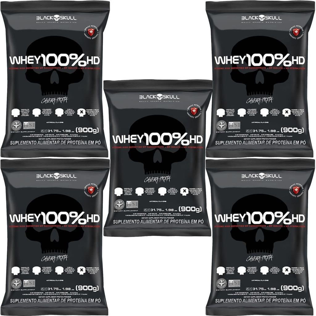 Kit 5X Whey 100% HD - 900g Refil Cookies And Cream - Black Skull