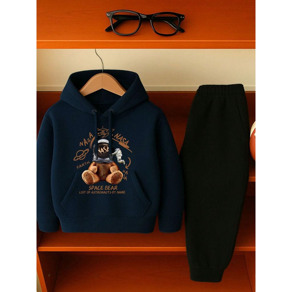 Conjunto Moletom Infantil Flanelado Blusa de Frio Casual Canguru + Calça Blusao Com Capuz Ursinho
