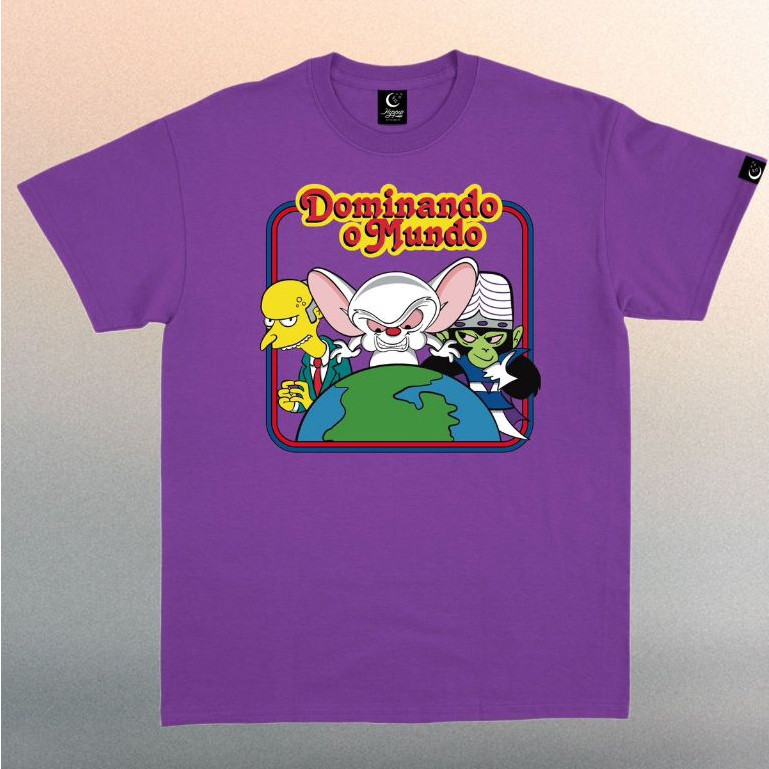 [Camiseta Premium em Algodão Puro]BOW Camiseta Dominar o Mundo - Cérebro, Macaco Louco e Burns - Roxa