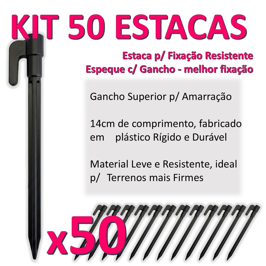 50 Estacas 14cm ABS para Fixação de Rede Beach Tennis Vôlei e Tenda Gazebo Profissional Preta