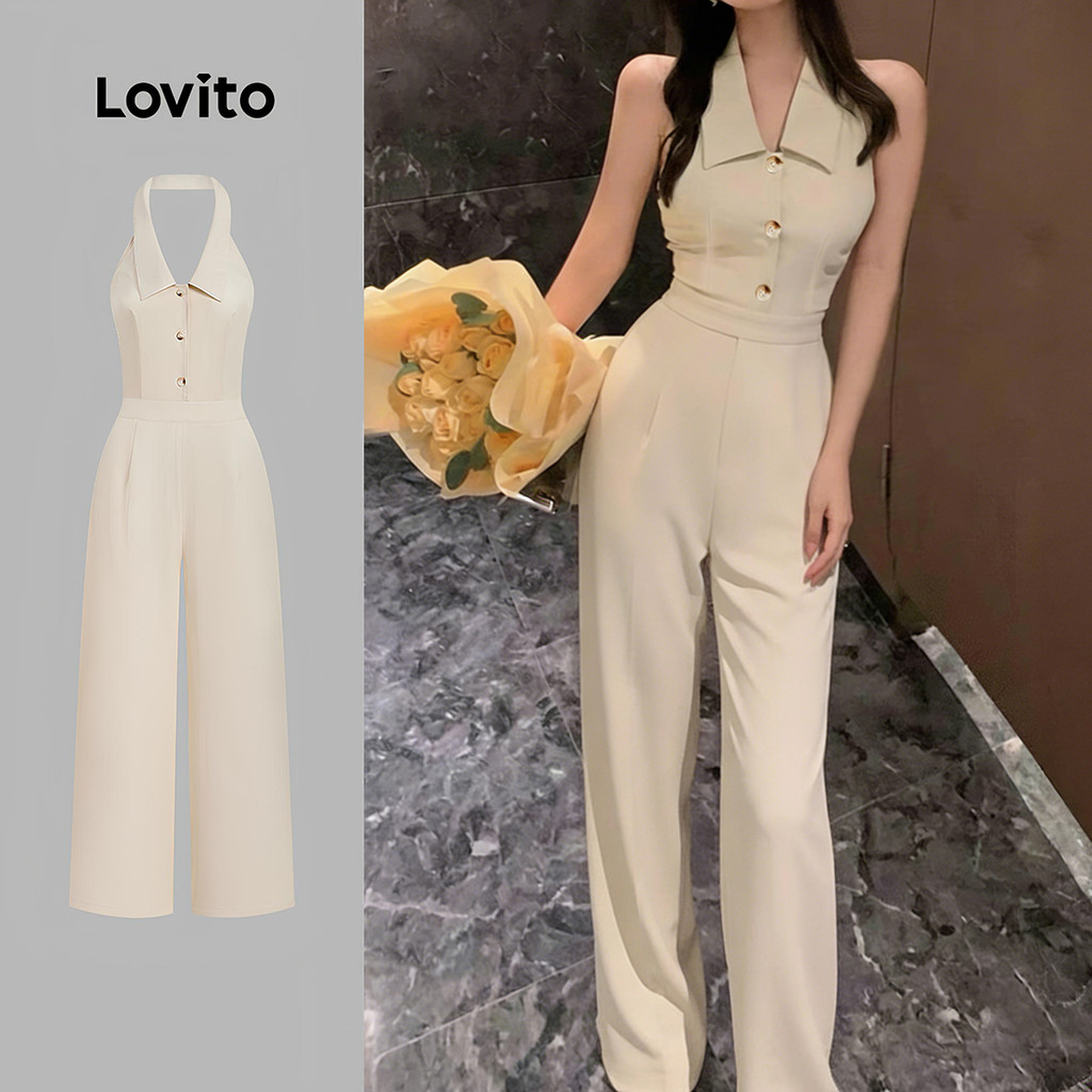 Lovito  Macacão Elegante com Zíper e Botão Frontal Primavera/verão Macacão Khaki para Mulheres L172LD1178