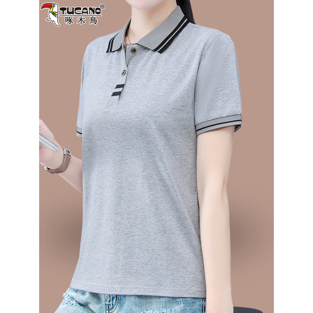 Woodpecker algodão lapela manga curta camiseta feminina verão 2026 novo estilo solto mãe de meia-idade Casual Wear polo