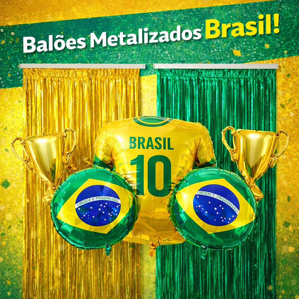 Kit Copa do Mundo – 2 Cortinas Metalizada Verde e Dourada + 2 Balões Bola Futebol + 2 troféus + 1 Balão Camisa Brasil