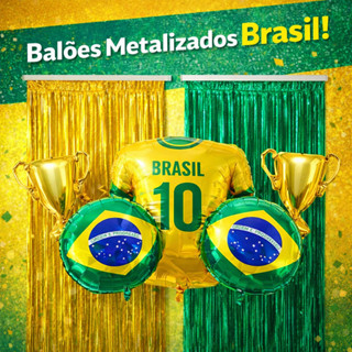 Kit Copa do Mundo – 2 Cortinas Metalizada Verde e Dourada + 2 Balões Bola Futebol + 2 troféus + 1 Balão Camisa Brasil em Oferta na Shopee