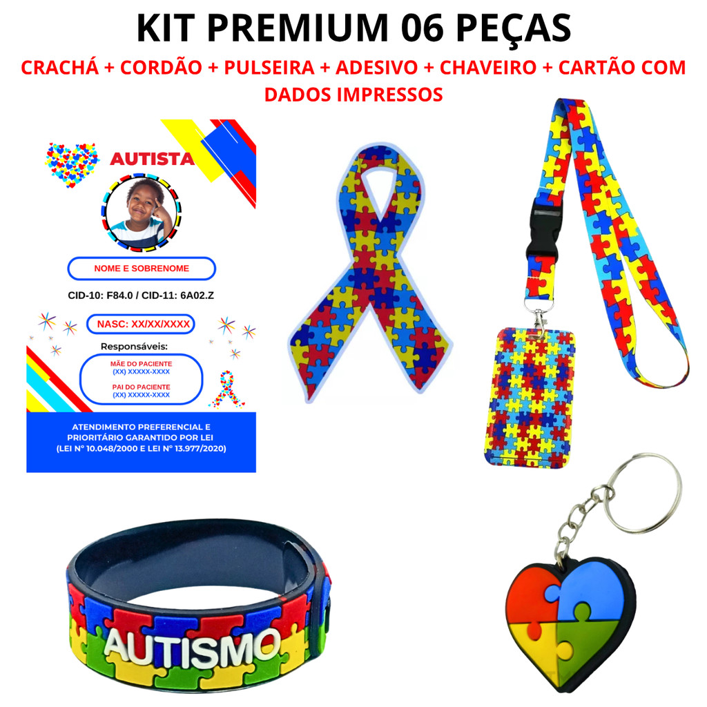 Crachá e Cordão Autismo Personalizado com Cartão Impresso  + Pulseira + Chaveiro + Adesivo - Kit TEA 6 peças em Oferta na Shopee