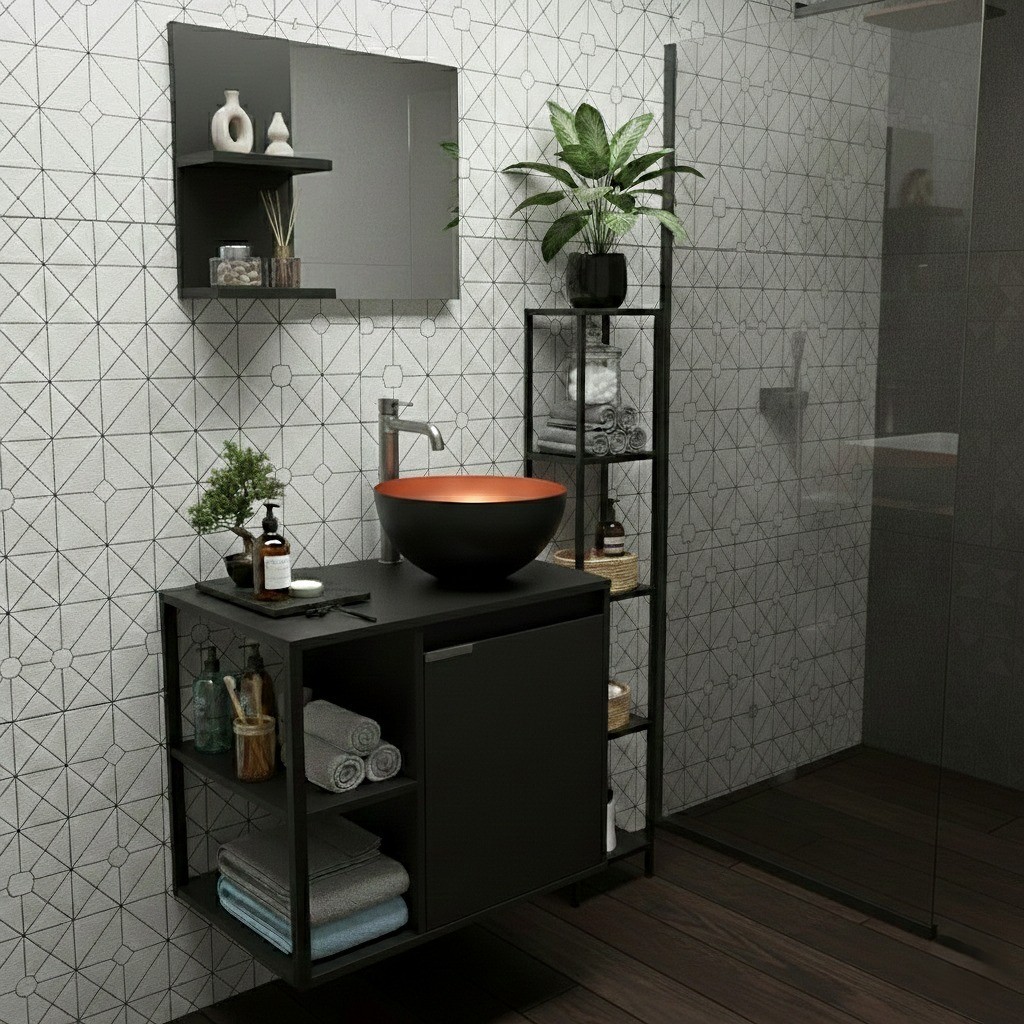 Combo Completo Gabinete para Banheiro com Cuba de Apoio e Espelho Preto Branco