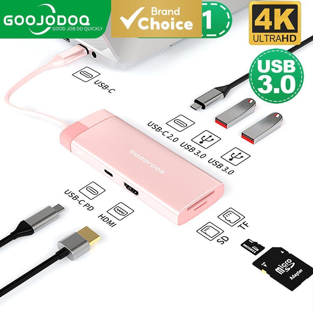GOOJODOQ 7 em 1 Hub USB Múltiplo 3.0 Tipo C com Porta para Carregador de 100W para MacBook RJ45 Rosa