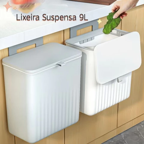 Lixeira Suspensa 9L com Tampa para Cozinha Suporte Adesivo ou Encaixe em Porta de Armário