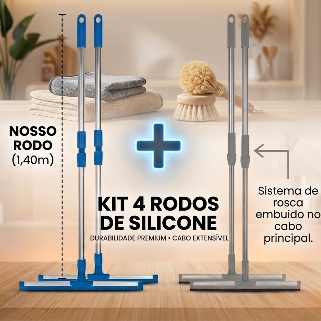 Kit 4 Rodo de Silicone Cabo Longo Multiuso 2em1 Vassoura e Limpador de Vidros Uso Seco e Molhado