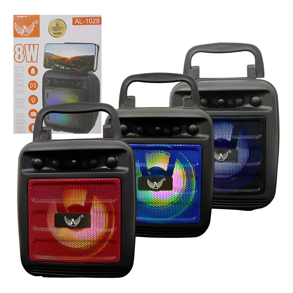 Mini Caixa de Som Bluetooth 8W RGB Altomex Portátil com Suporte Celular USB SD Rádio FM