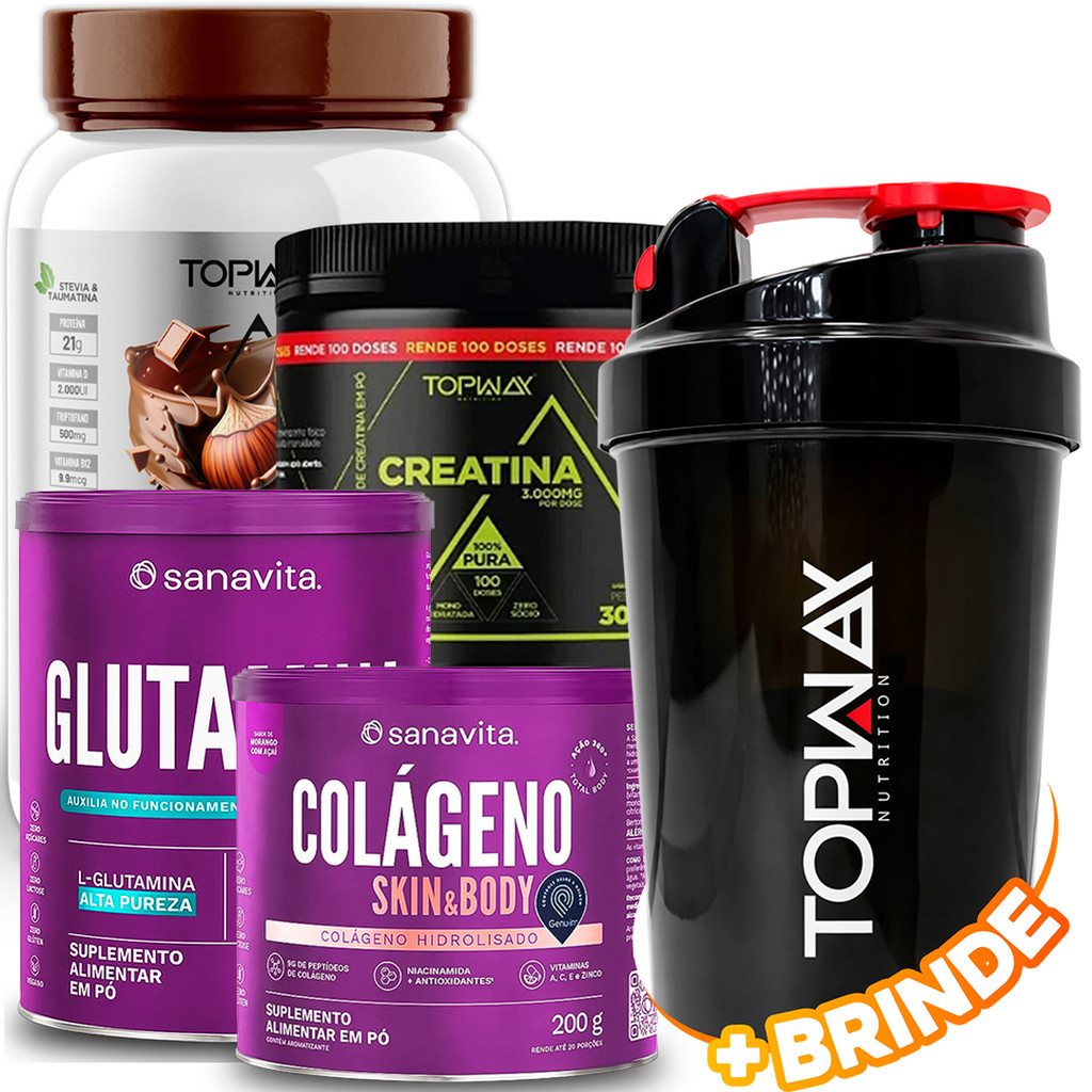 TopWay Whey Protein 900g + Glutamina em Pó 300g + Creatina em Pó 300g + Colágeno Skin & Body 200g