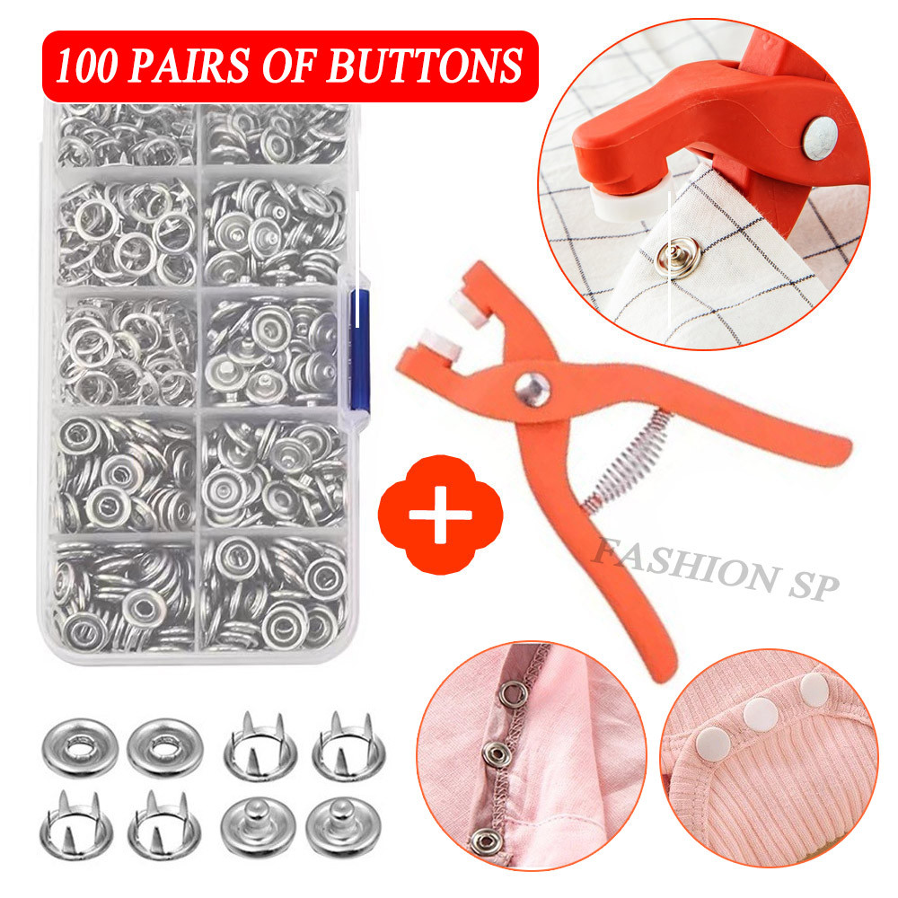 Kit Alicate Aplicador Para Botao De Metal De Pressao Roupa Bebe Com 100 Botões
