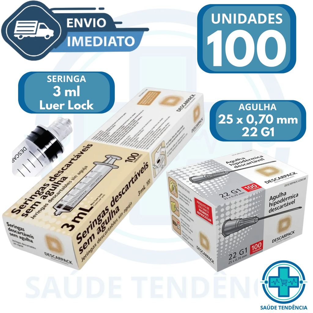 Kit 100 Und Seringa + Agulha 25x0,7mm Bico Rosca Luer Lock 3 Ml Descarpack